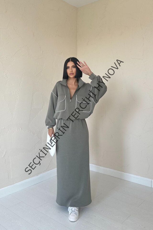 Haki Biyeli Sweatshirt Ve Etek Takım