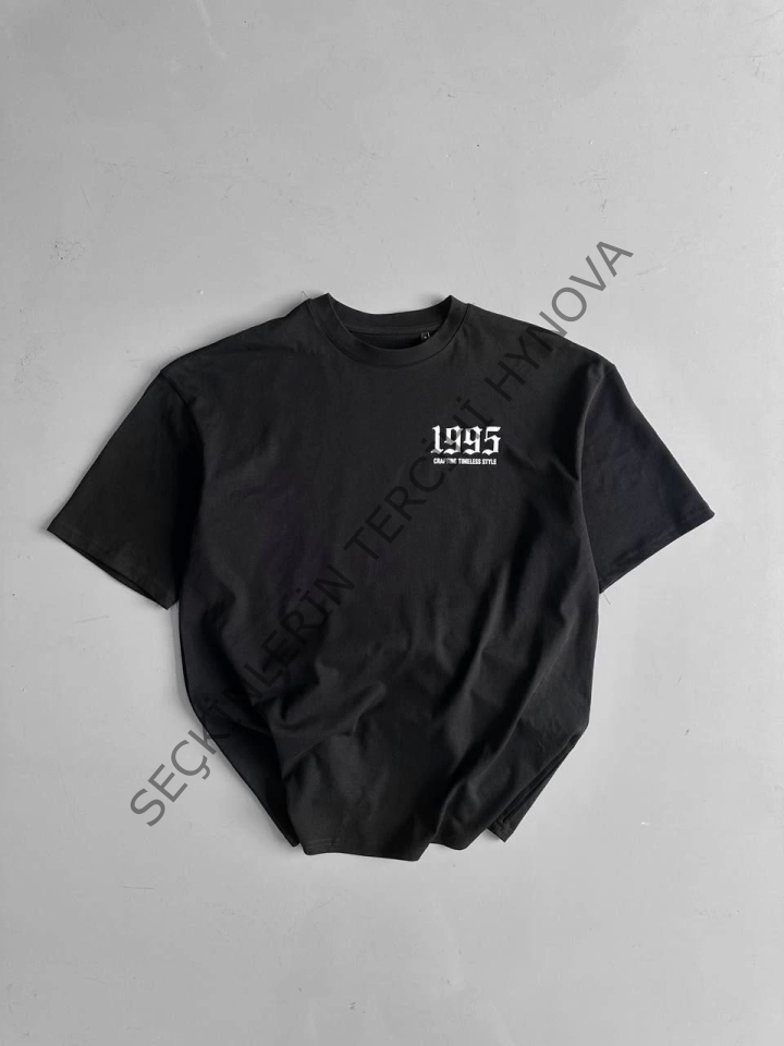 Baskılı Oversize Bisiklet Yaka T-shirt - Siyah
