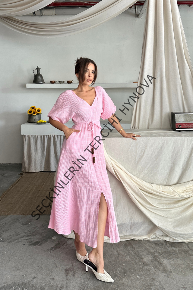 V YAKA BEL BONCUK BAĞLAMALI MÜSLİN ELBİSE YIRTMAÇ DETAYLI - Pembe