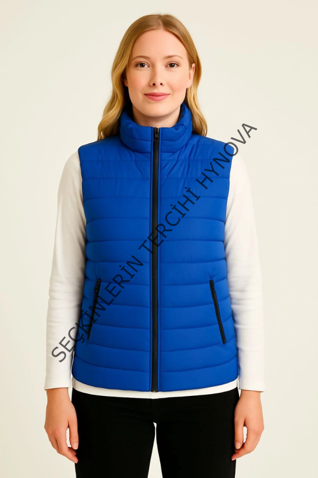 Şişme Fermuarlı Yelek Su Itici Kapitone Astarlı Kumaş Cepli Hafif Kışlık Spor Rahat Kalıp - Saks Mavisi