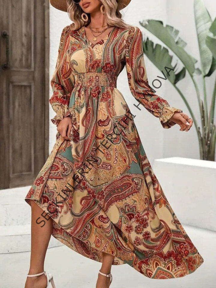 Kadın Uzun Kollu V Yakalı Beli Lastikli Desenli Süprem Elbise