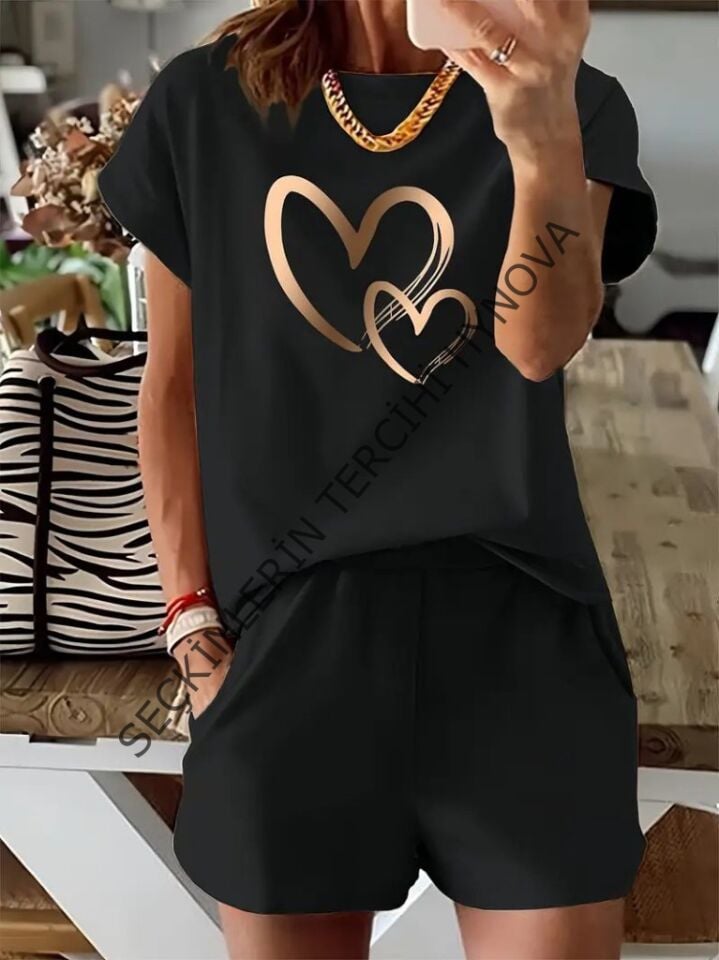 Kadın Kısa Kollu Bisiklet Yaka Viskon Iki Iplik Bluz Ve Short Ikili Takım