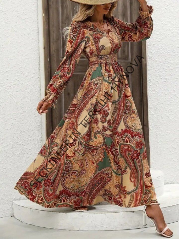 Kadın Uzun Kollu V Yakalı Beli Lastikli Desenli Süprem Elbise