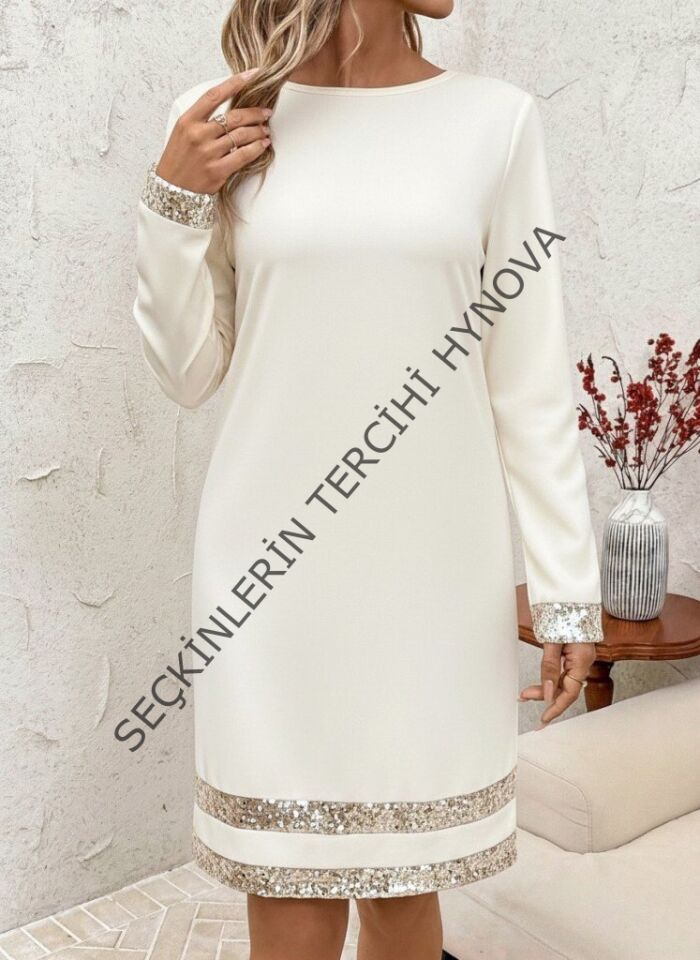 Kadın Uzun Kollu Bisiklet Yaka Mini Ithal Krep Elbise