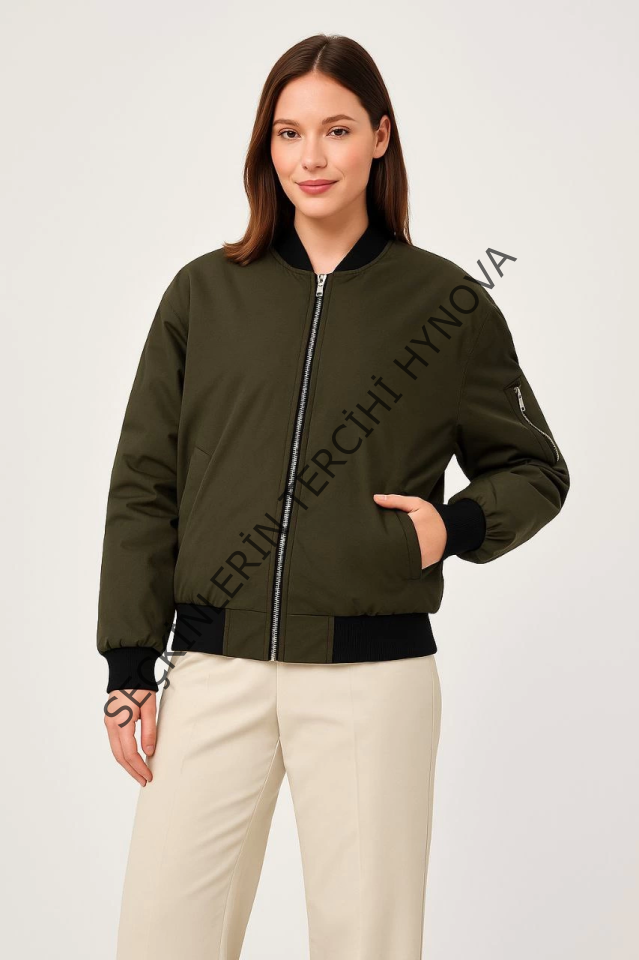 Içi Astarlı Fermuarlı Bomber Mont Ceket - Haki