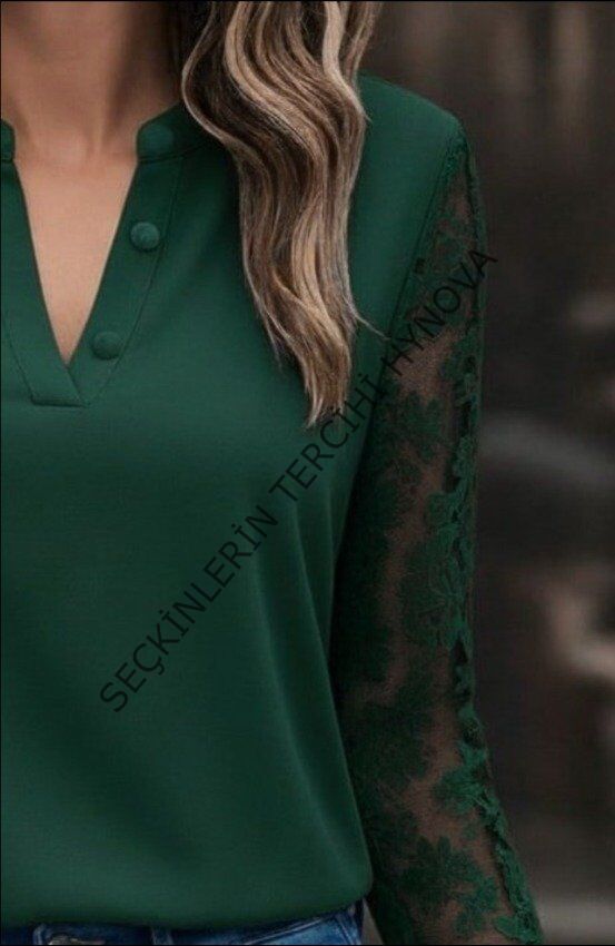 Kadın Uzun Kollu Yaka Düğme Detay Güpürlü Kol Krep Bluz