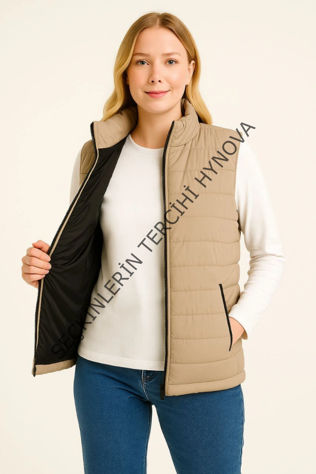 Şişme Fermuarlı Yelek Su Itici Kapitone Astarlı Kumaş Cepli Hafif Kışlık Spor Rahat Kalıp - Bej