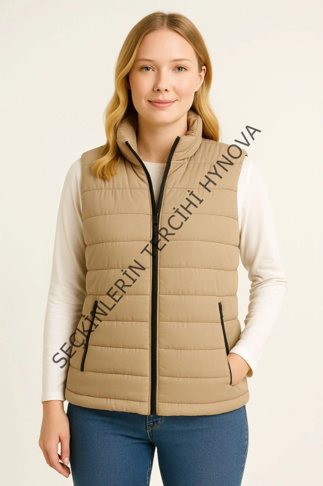 Şişme Fermuarlı Yelek Su Itici Kapitone Astarlı Kumaş Cepli Hafif Kışlık Spor Rahat Kalıp - Bej