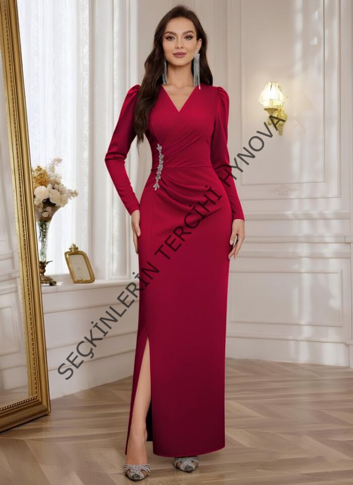 Kadın Uzun Kollu Kruvaze Yakalı Yanları Taşlı Yırtmaçlı Uzun Ithal Krep Elbise