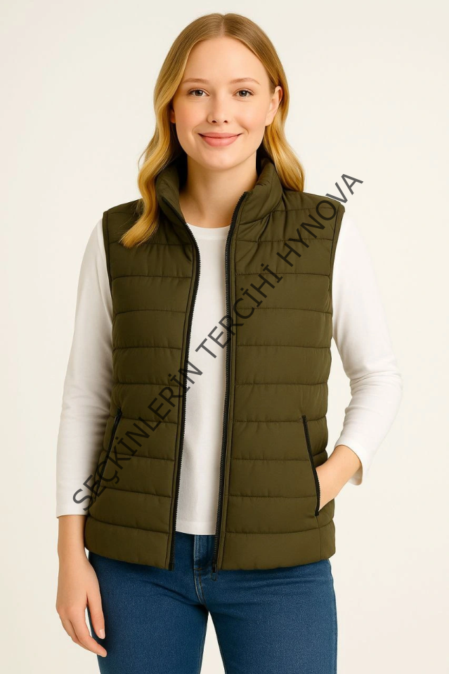 Şişme Fermuarlı Yelek Su Itici Kapitone Astarlı Kumaş Cepli Hafif Kışlık Spor Rahat Kalıp - Haki