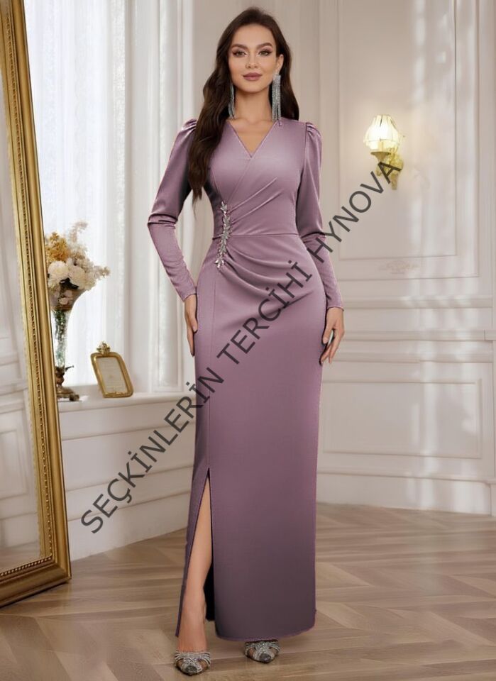 Kadın Uzun Kollu Kruvaze Yakalı Yanları Taşlı Yırtmaçlı Uzun Ithal Krep Elbise