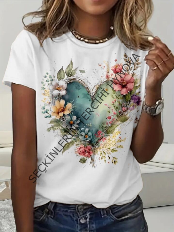 Kadın Kısa Kollu Bisiklet Yaka Kalp Desenli Süprem Bluz