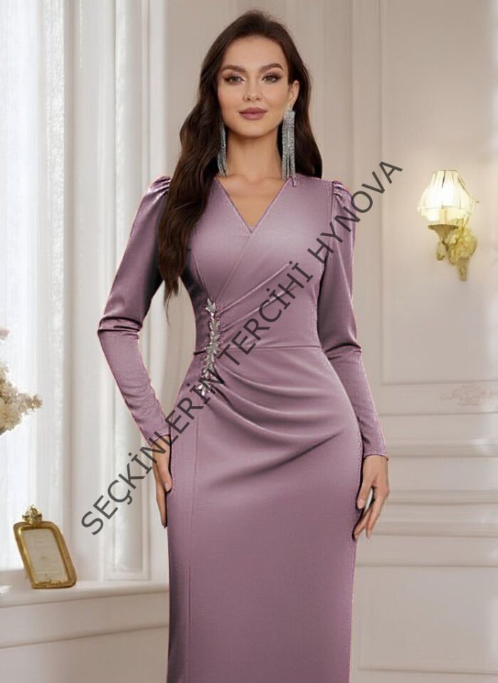 Kadın Uzun Kollu Kruvaze Yakalı Yanları Taşlı Yırtmaçlı Uzun Ithal Krep Elbise