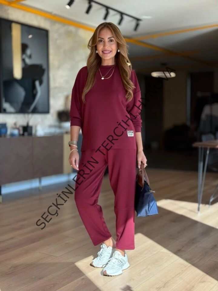 Kadın Uzun Kollu Bisiklet Yaka Viskon Iki Iplik Bluz Ve Pantolon Ikili Takım