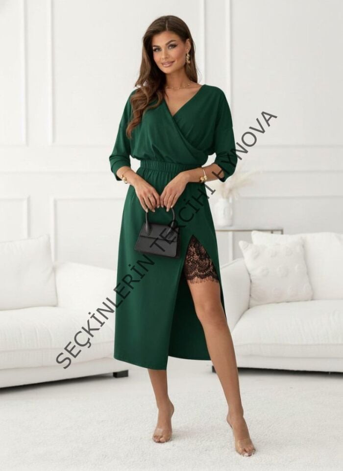 Kadın Uzun Kollu Kruvaze Yakalı Yandan Dantelli Midi Ithal Krep Elbise