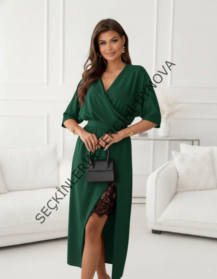 Kadın Uzun Kollu Kruvaze Yakalı Yandan Dantelli Midi Ithal Krep Elbise