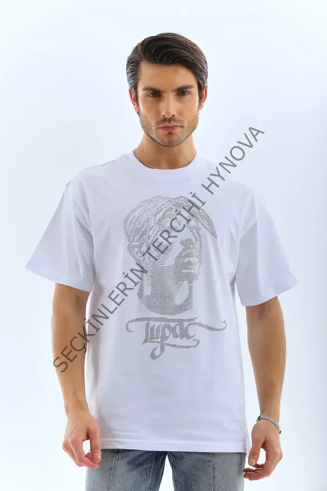 Unisex Oversize Taşlı Bisiklet Yaka T-Shirt - Beyaz