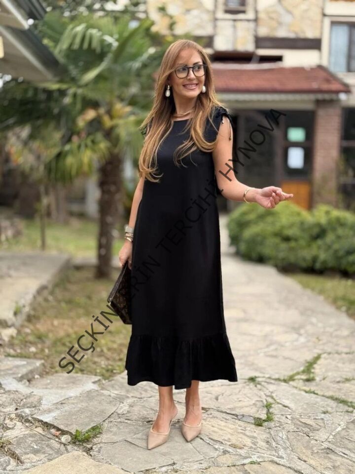 Kadın Omuzlardan Büzgülü Kayık Yaka Fırfırlı Janjan Krep Elbise