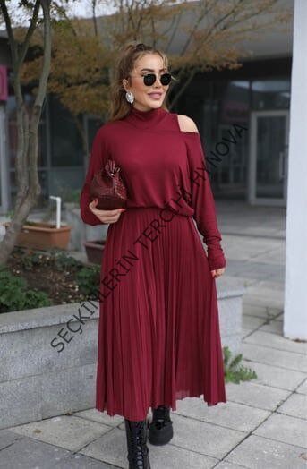 Kadın Triko Plise Ve Tül Detay Iki Parça Elbise