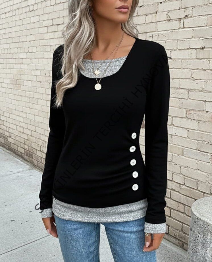 Kadın Uzun Kollu Yuvarlak Yaka Blok Renkli Yandan Düğmeli Viskon Bluz