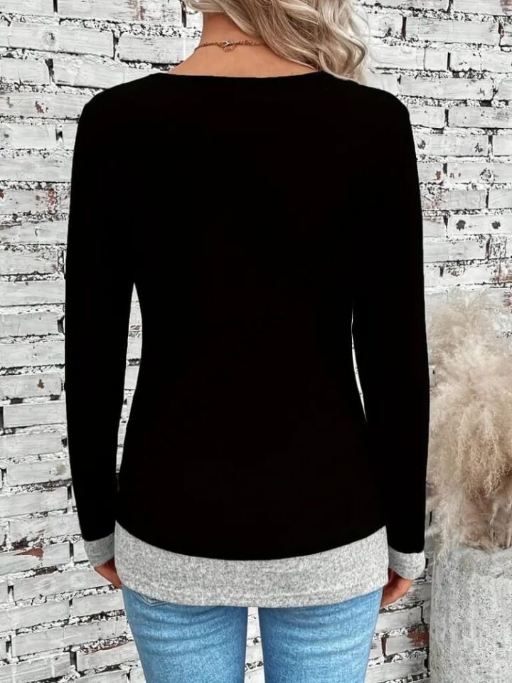 Kadın Uzun Kollu Yuvarlak Yaka Blok Renkli Yandan Düğmeli Viskon Bluz