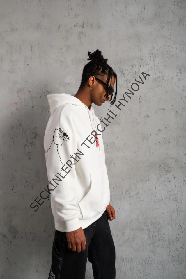 Erkek Oversize Üç İplik Kapüşonlu Sweatshirt – “Don’t Be Terrified” Ön, Sırt Ve Kol Baskılı, Kanguru Cepli, Ribanalı Rahat Model - Beyaz