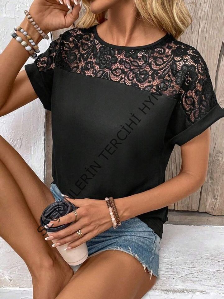 Kadın Kısa Kollu Bisiklet Yaka Dantel Detaylı Viskon Bluz