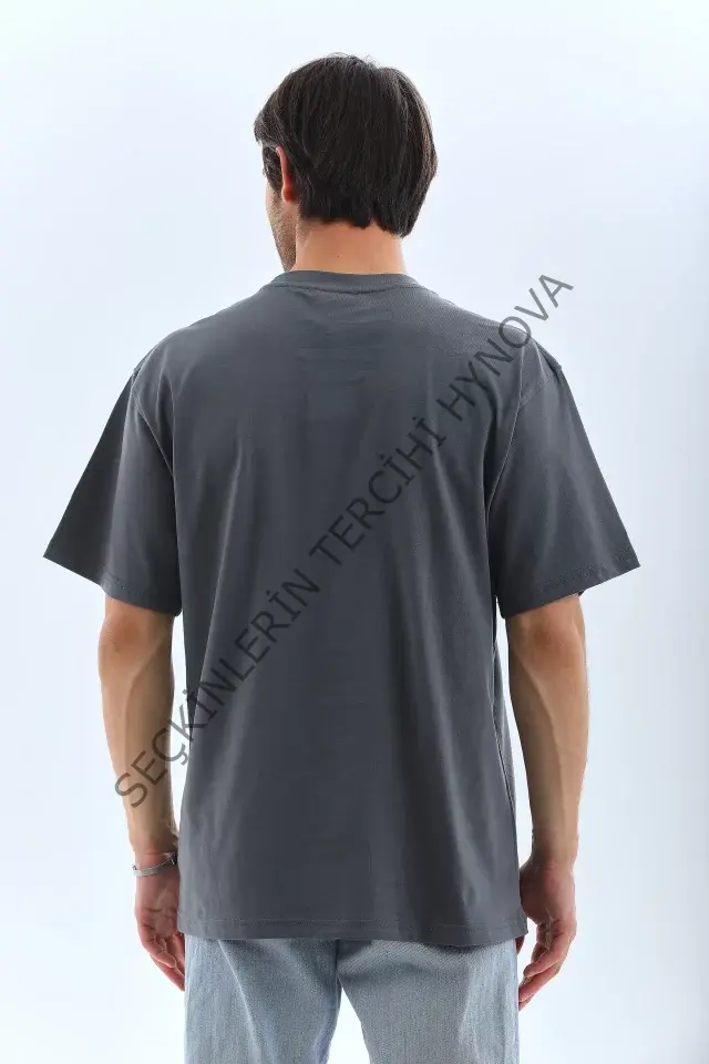 Unisex Oversize Taşlı Bisiklet Yaka T-Shirt - Füme
