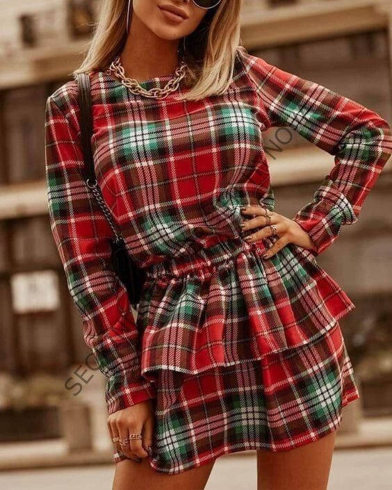Kadın Ekose Kumaş Dijital Baskılı Uzun Kollu Mini Boy Elbise