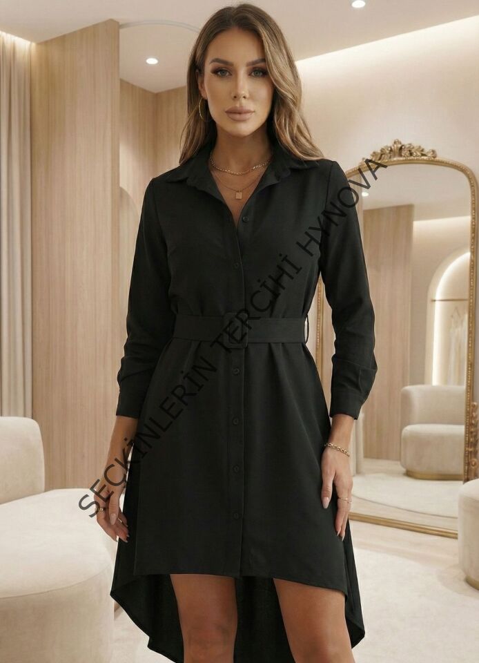 Kadın Uzun Kollu Yakalı Belden Kemerli Kıs Ithal Krep Elbise