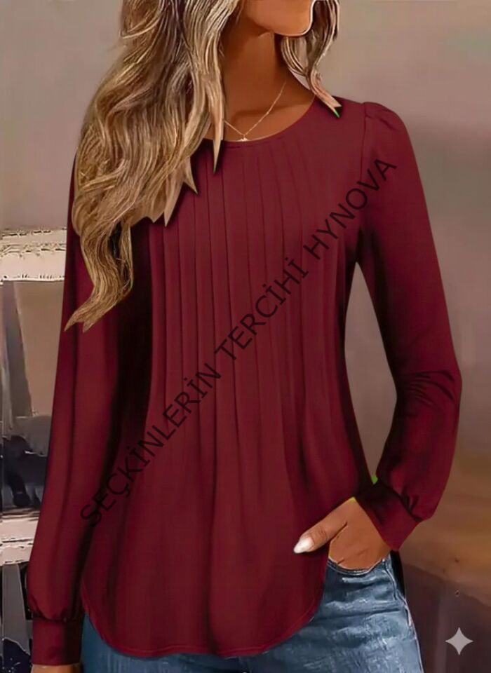 Kadın Uzun Kollu Yuvarlak Yaka Nervürlü Bluz
