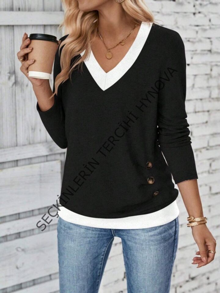 Kadın Uzun Kollu V Yakalı Yandan Düğmeli Yün Viskon Bluz