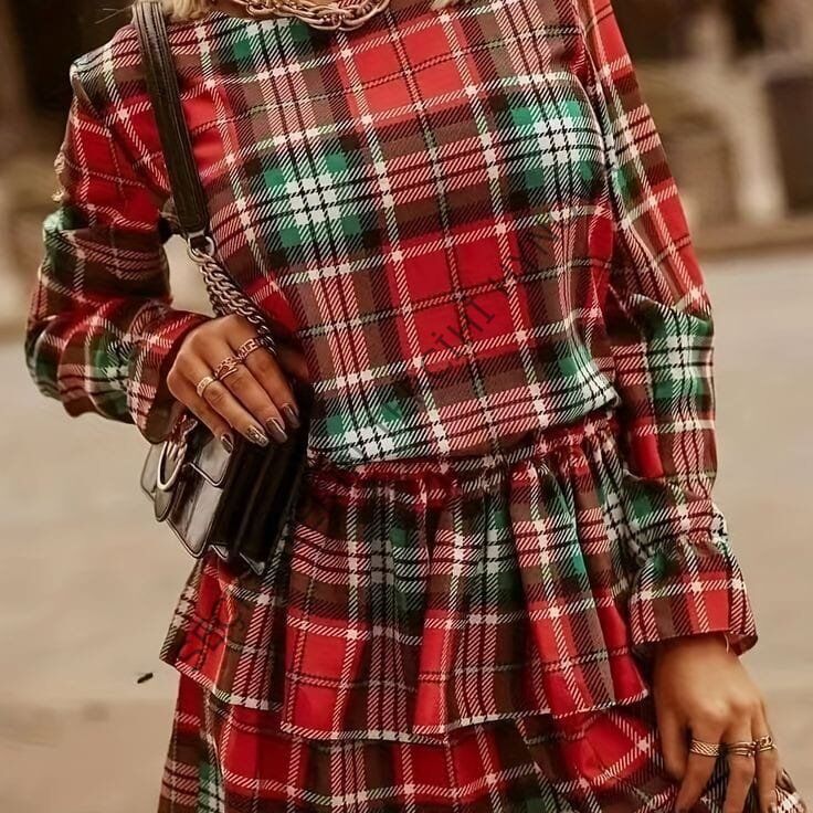 Kadın Ekose Kumaş Dijital Baskılı Uzun Kollu Mini Boy Elbise