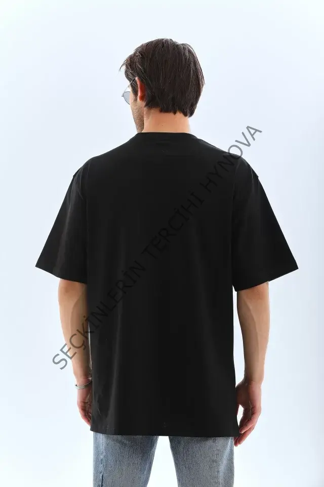 Unisex Oversize Taşlı Bisiklet Yaka T-Shirt - Siyah