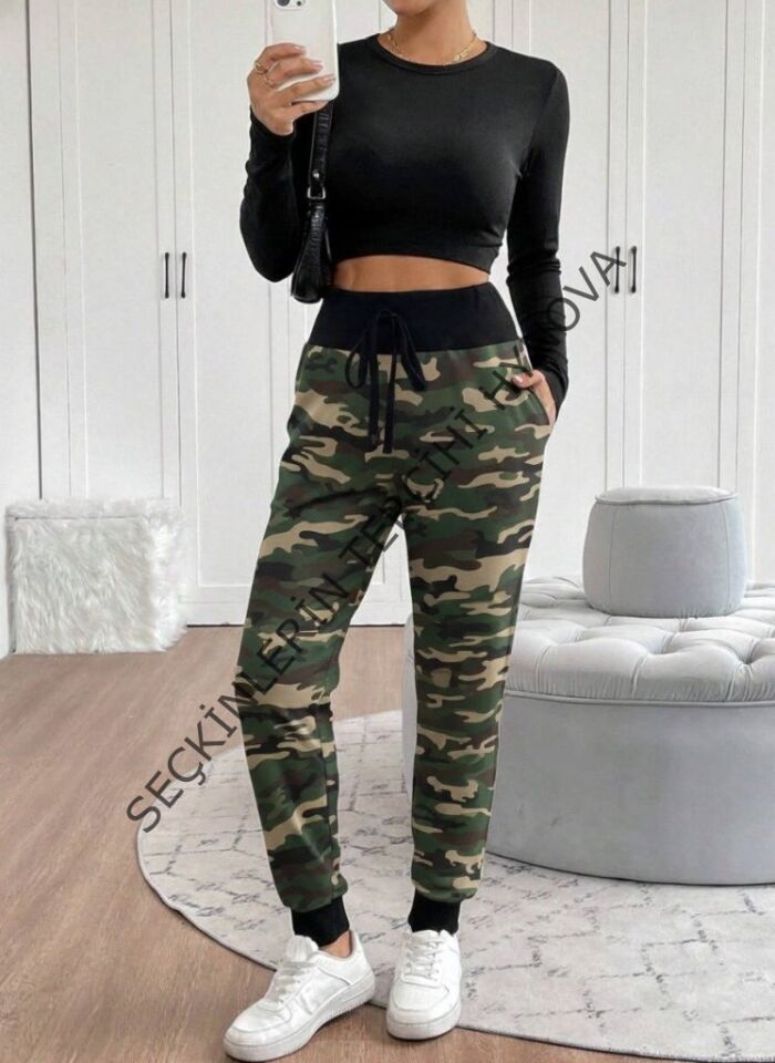 Kadın Yüksek Bel Bağcıklı Desenli Iki Iplik Pantolon