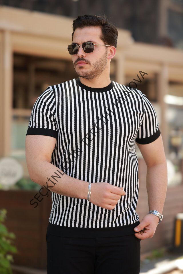 Erkek Siyah Beyaz örme Pamuklu Kumaş Kısa Kollu T-shirt