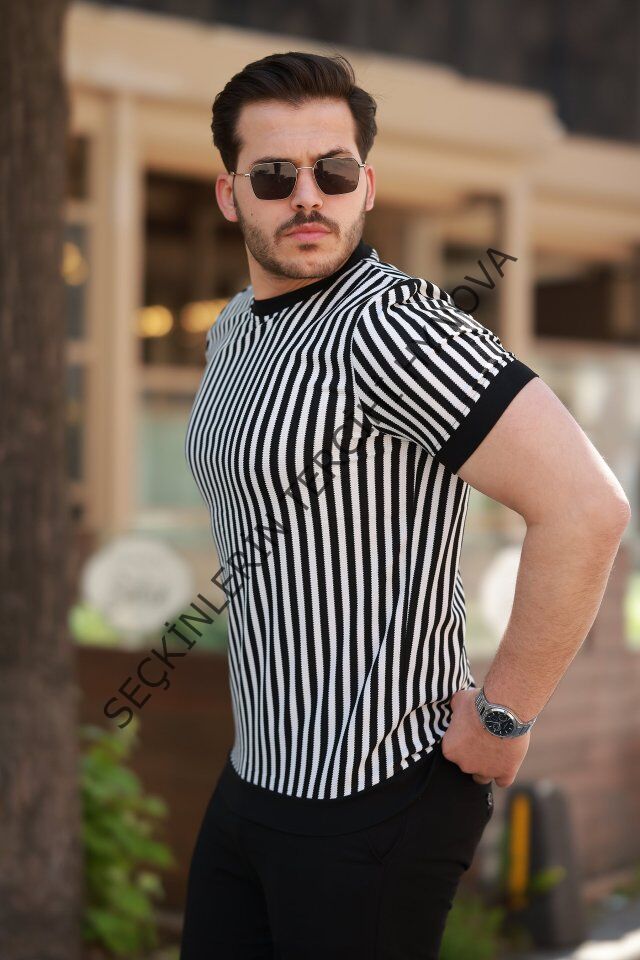 Erkek Siyah Beyaz örme Pamuklu Kumaş Kısa Kollu T-shirt