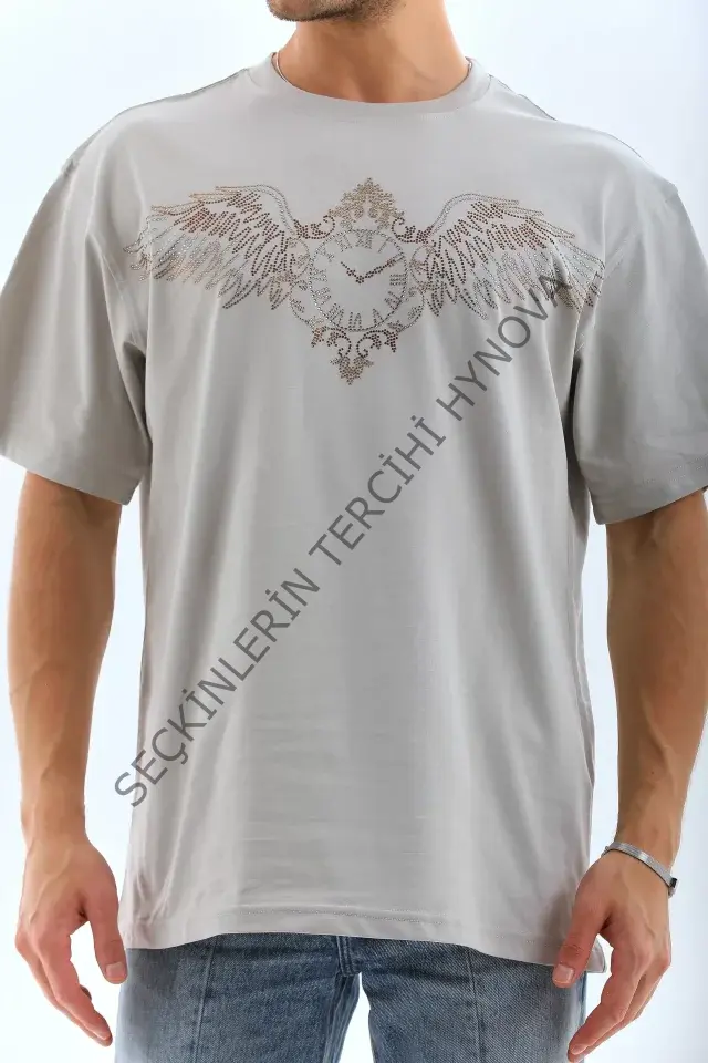 Unisex Oversize Taşlı Bisiklet Yaka T-Shirt - Gri