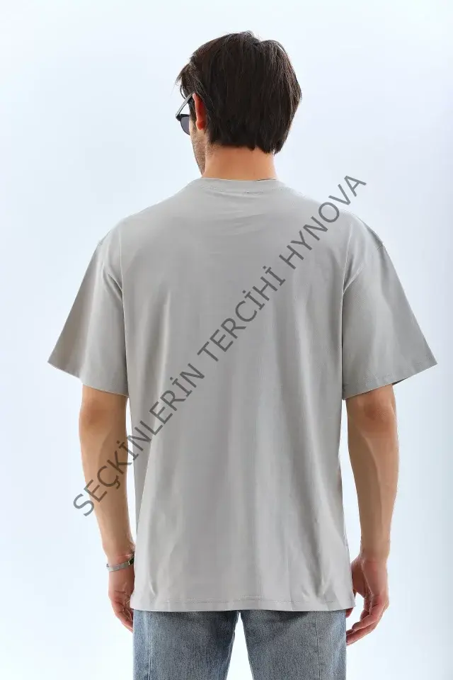 Unisex Oversize Taşlı Bisiklet Yaka T-Shirt - Gri