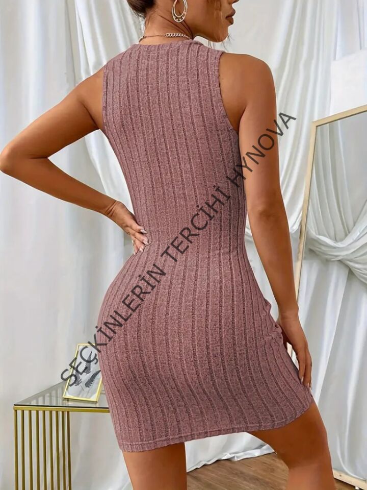 Kadın Kolsuz Bisiklet Yaka Kalın Fitilli Kaşkorse Mini Elbise