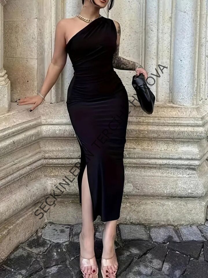 Kadın Tek Omuzu Açık Büzgülü Yandan Yırtmaçlı Uzun Sandy Elbise