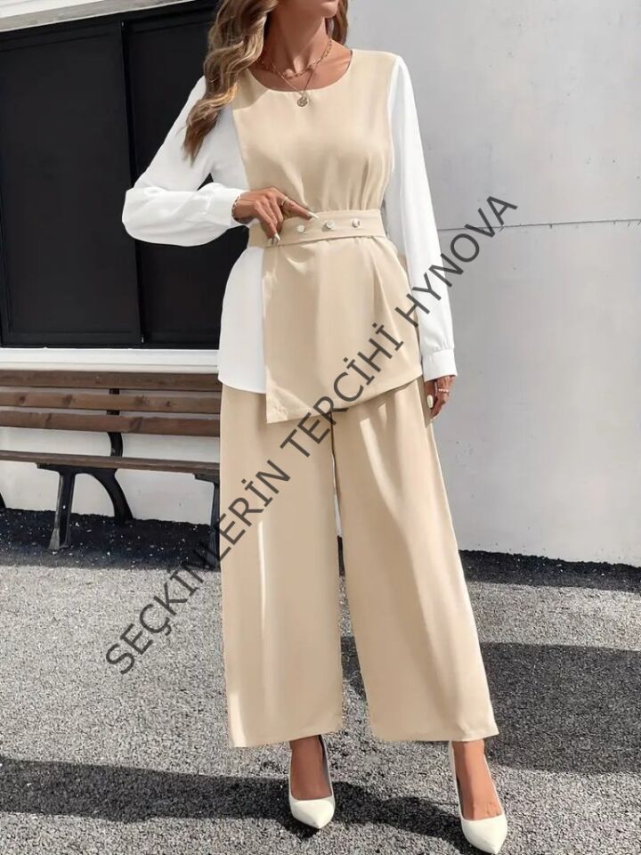 Kadın Uzun Kollu Açık Yakalı çift Renkli Kemerli Ithal Krep Ikili Takım