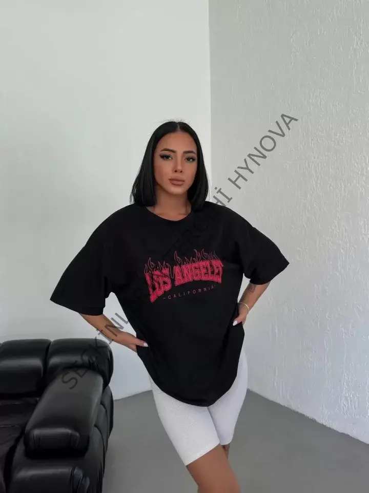 Unisex Bisiklet Yaka Baskılı Oversize T-Shirt - Siyah