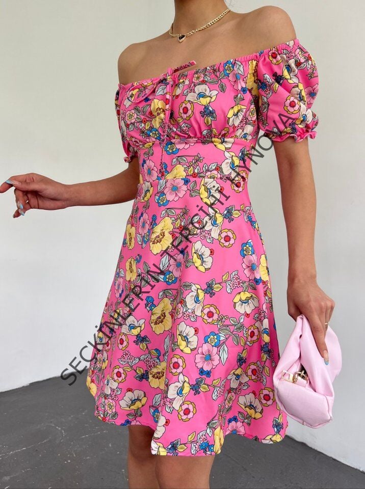 Yakası Lastikli Bağcık Detaylı Mini Elbise -Pembe