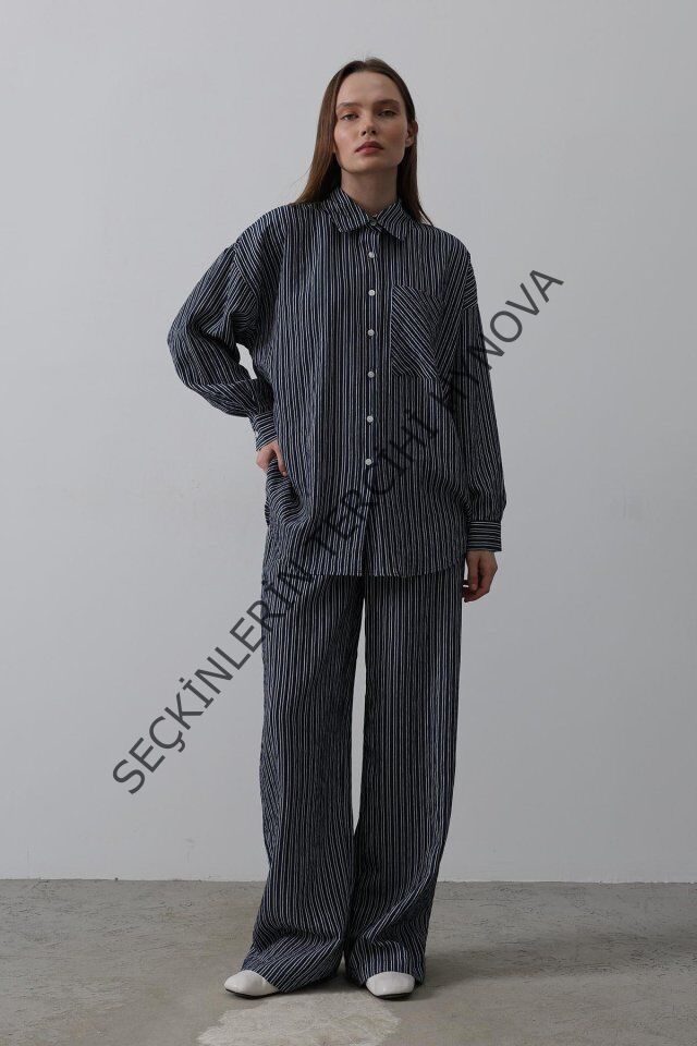 Çizgili Cep Detaylı Oversize Takım - Lacivert