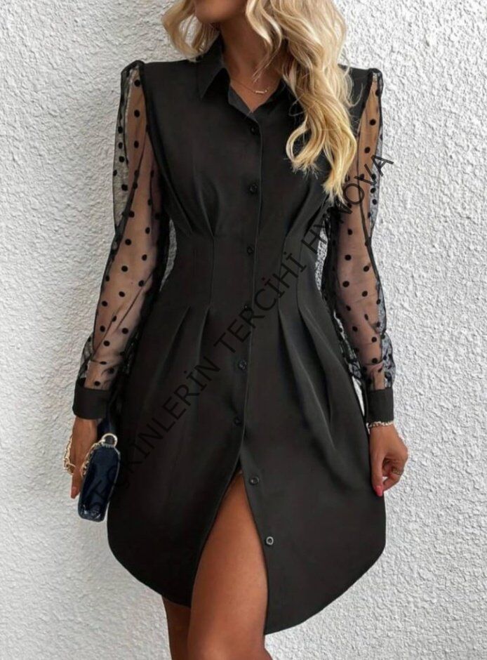 Kadın Uzun Kollu Yakalı Düğmeli Mini Ithal Krep Elbise