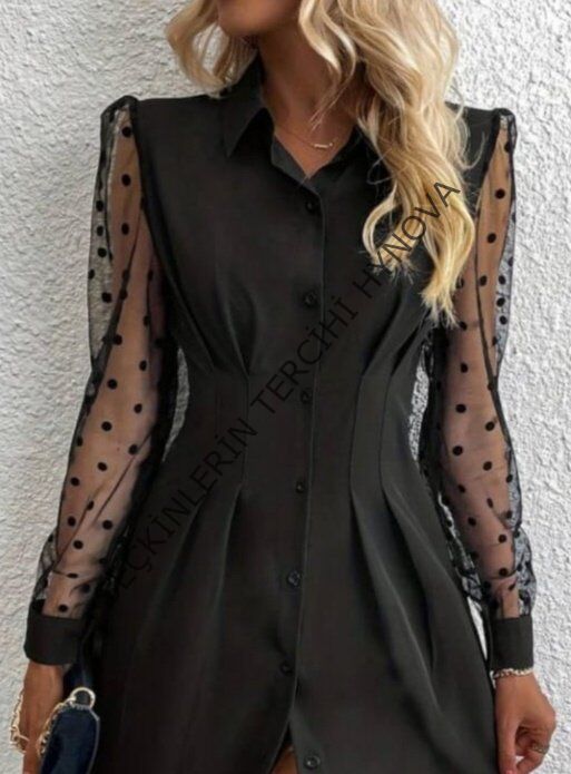 Kadın Uzun Kollu Yakalı Düğmeli Mini Ithal Krep Elbise