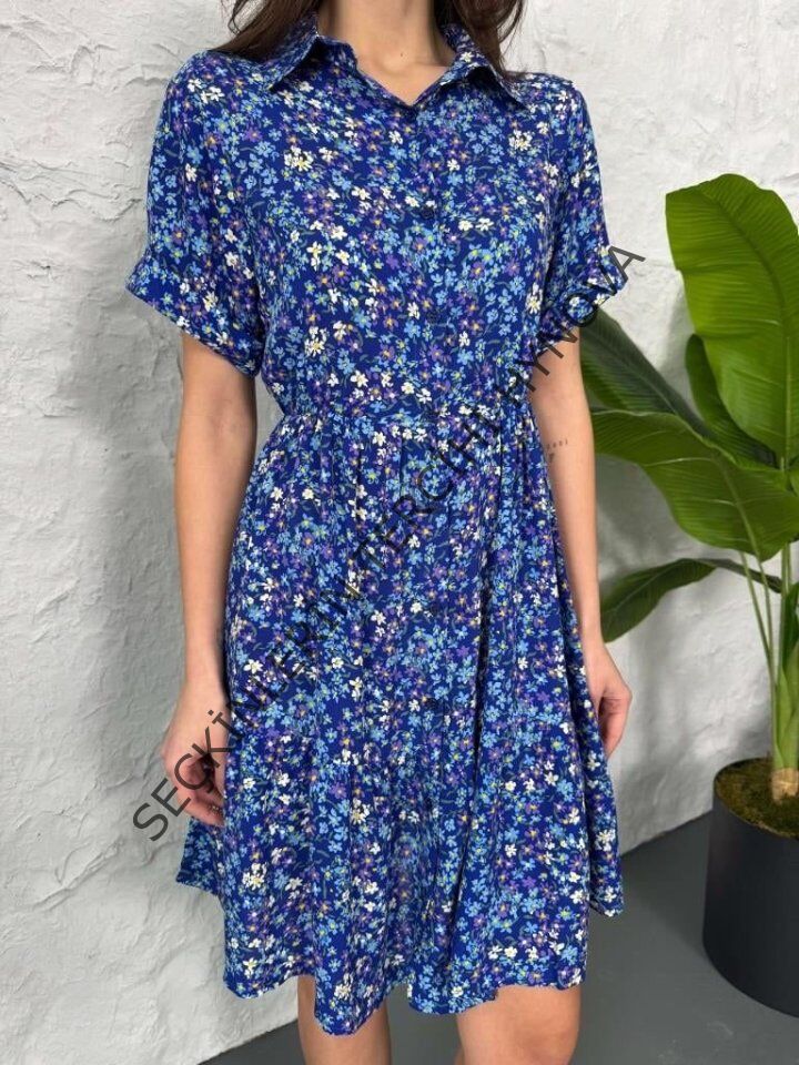 Baskılı Keten Elbise - Lacivert-Beyaz