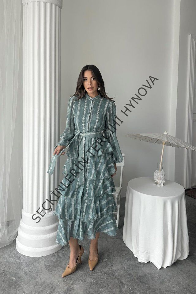 Mint Uzun Volanlı Elbise