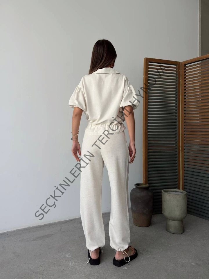 Keten Tam Fermuarlı Kısa Kollu Gömlek Pantolon Ikili Takım - Beyaz
